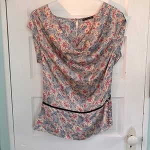 Pure Sugar silk blouse ruche-neck small pink blue cream with blue piping